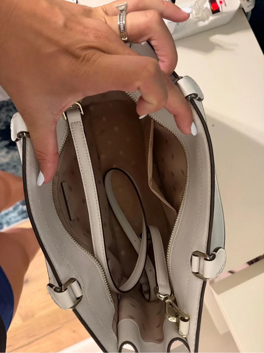 kate spade white leather satchel with gold logo